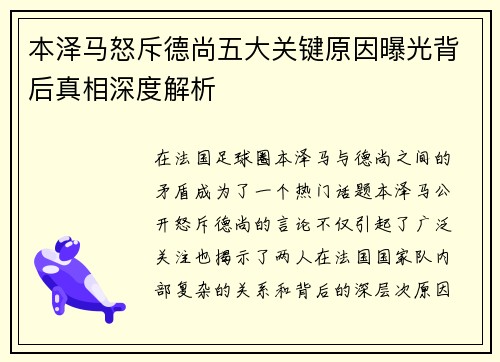 本泽马怒斥德尚五大关键原因曝光背后真相深度解析