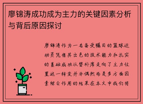 廖锦涛成功成为主力的关键因素分析与背后原因探讨